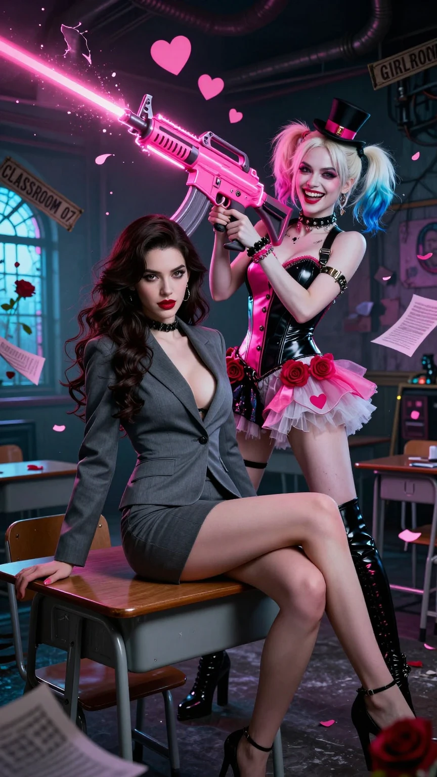 Seductive Businesswoman Posing with Harley Quinn