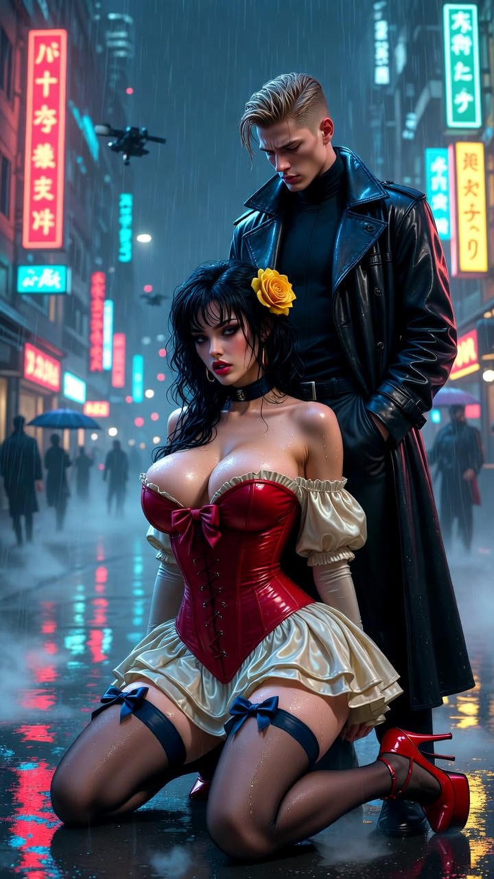 Neon Rain Seduction – Corset & Trenchcoat