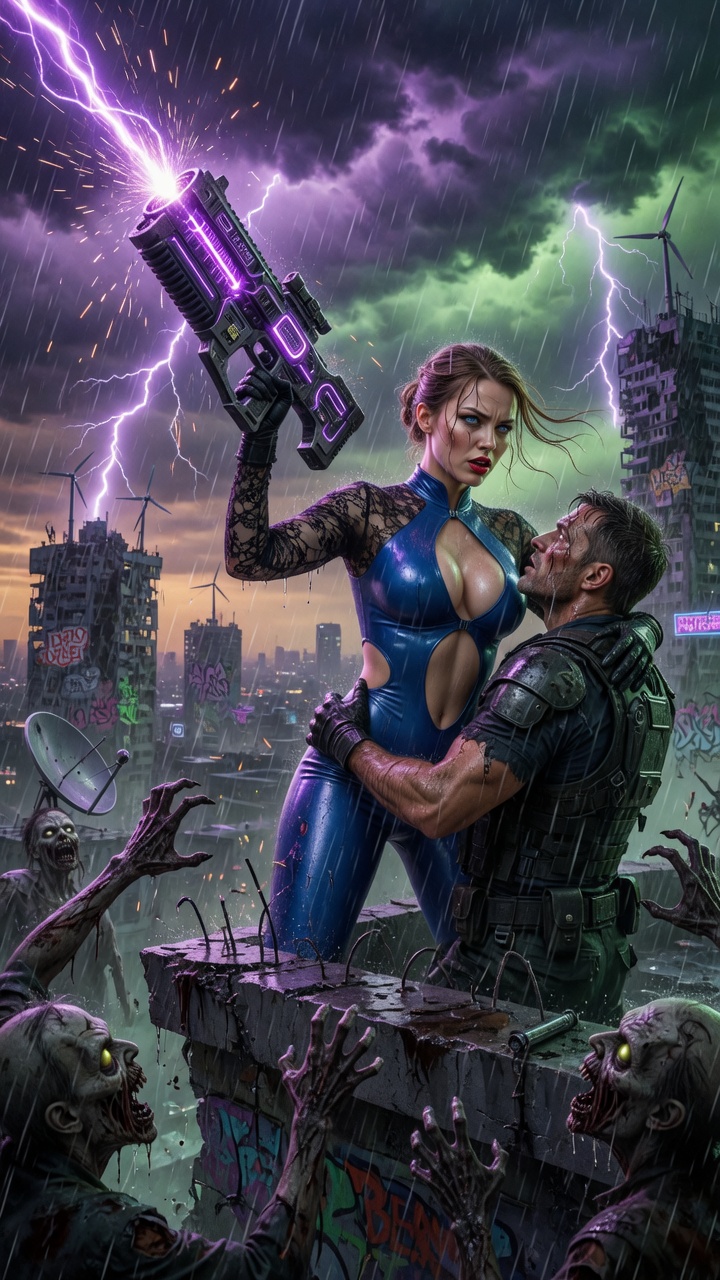 Blue Bodysuit Heroine Fights Zombies with Energy Gun