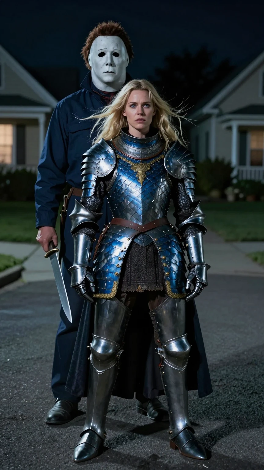 Blonde Knight Confronts Michael Myers in Suburbia