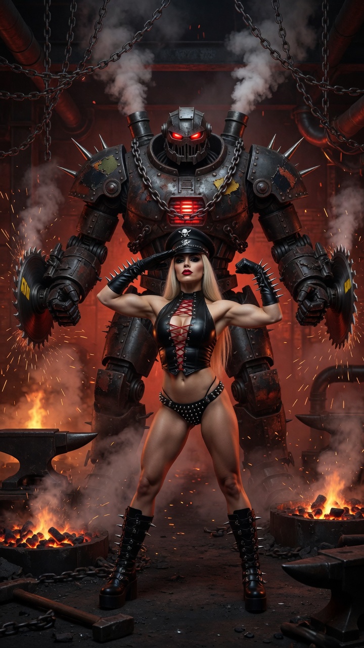 Blonde in Leather with Giant War Robot