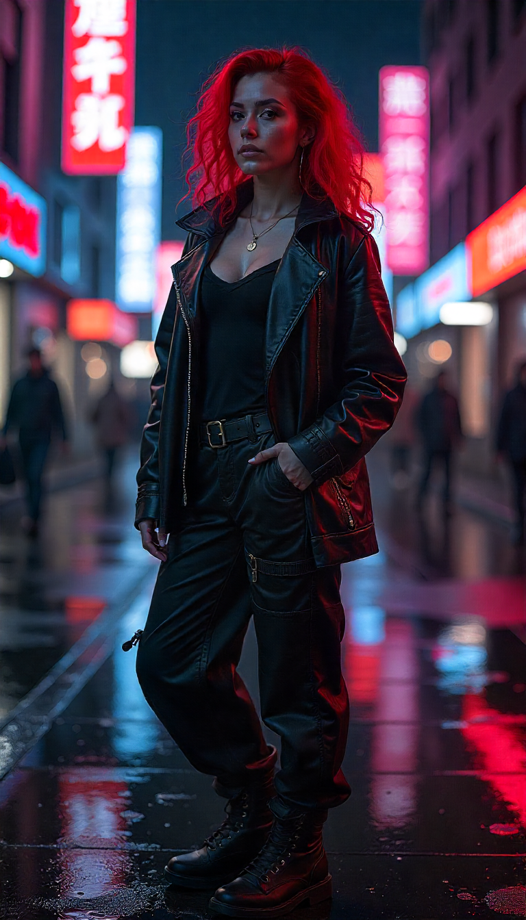 Neon Night Street Portraits with Red-Haired Cyberpunk Mood
