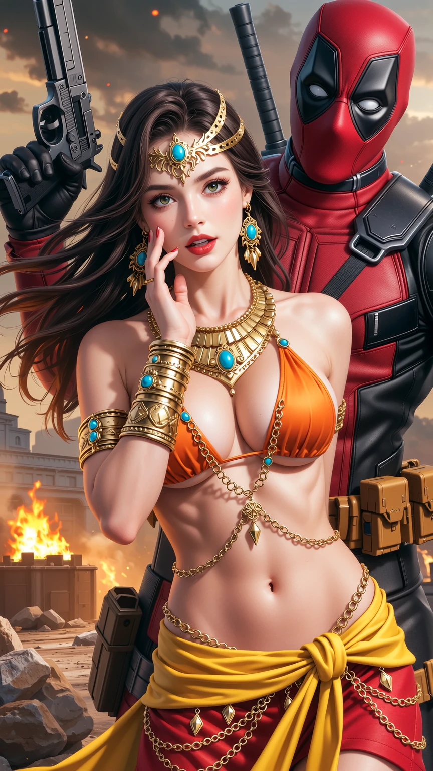 Exotic Golden Queen Posing with Deadpool in Ruins