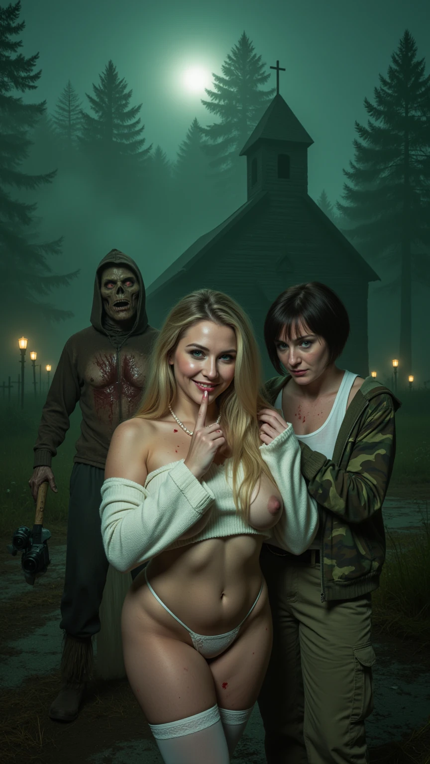 Blonde Horror Babe and Camerawoman in Fog