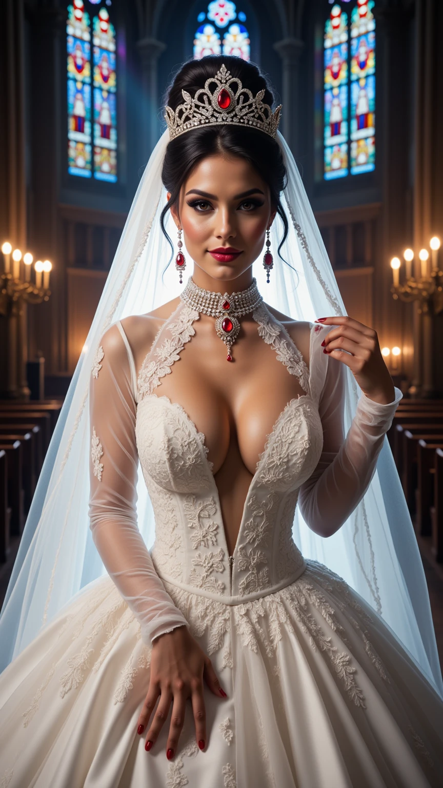 Royal Bride in Plunging Cathedral Wedding Gown