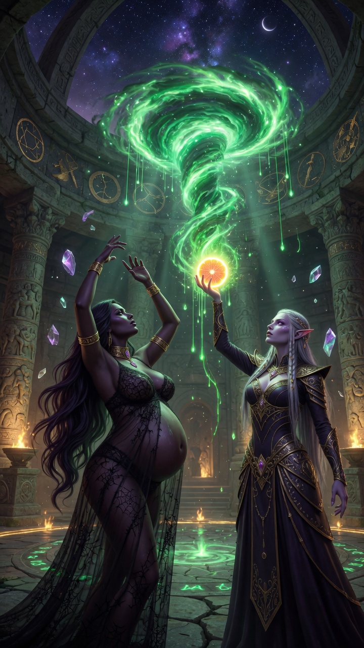 Dark Sorceress and Elf Mage Channeling Green Magic