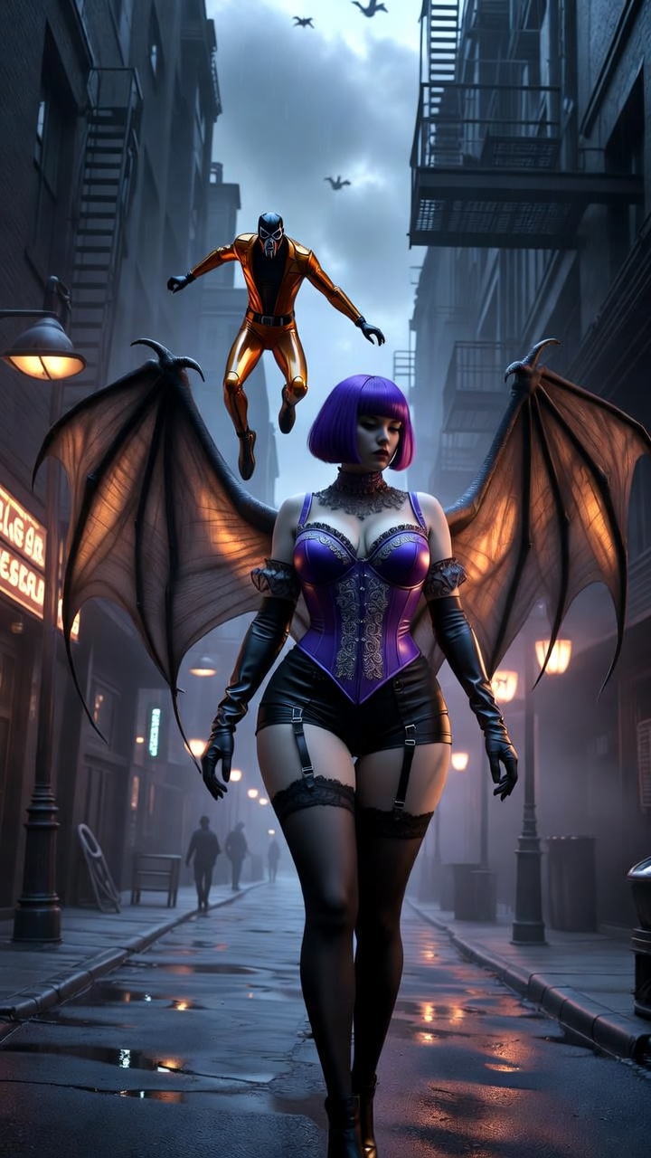 Neon Gothic Alley with Winged Femme Power
