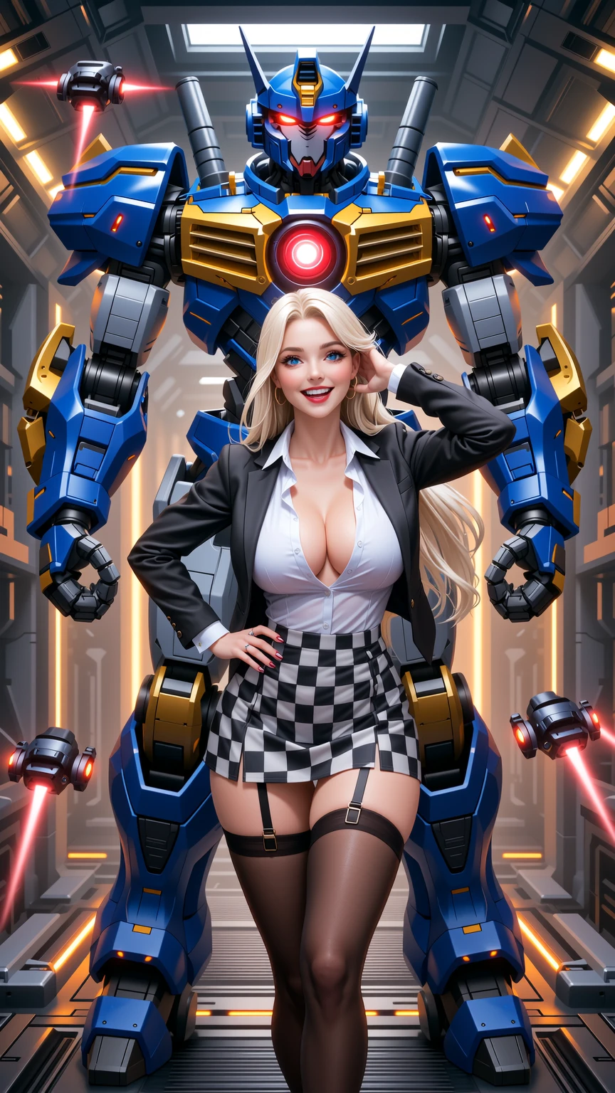 Blonde in Checkered Mini Skirt with Giant Robot