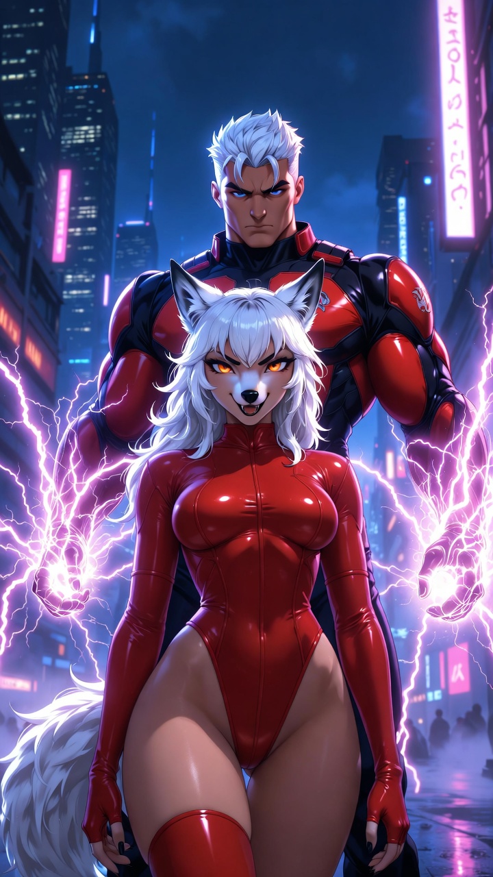 Cyberpunk Wolf Femme and Electric Superhuman Alliance