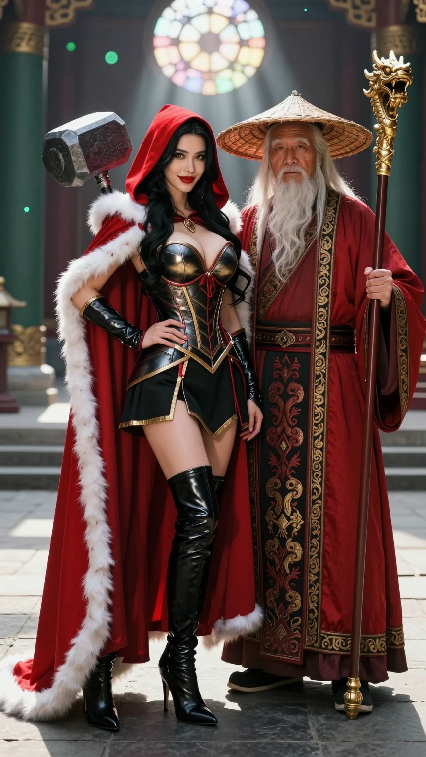 Red Riding Hood Warrior and Asian Sage in Ancient Temple