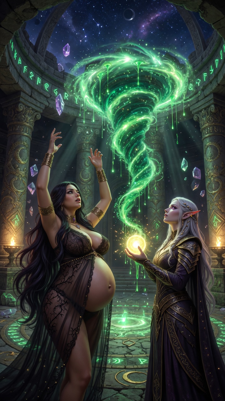Dark Sorceress and Elf Mage Channeling Green Magic