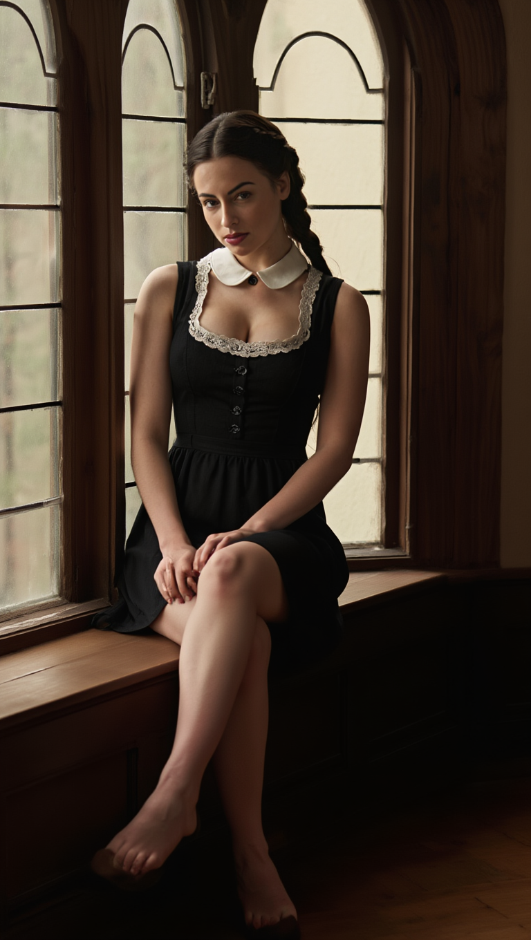 Silent Grace: Brunette Woman in Vintage Window Light Portraits