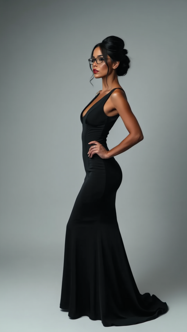 Power and Seduction: Brunette in Black Elegance and Glasses