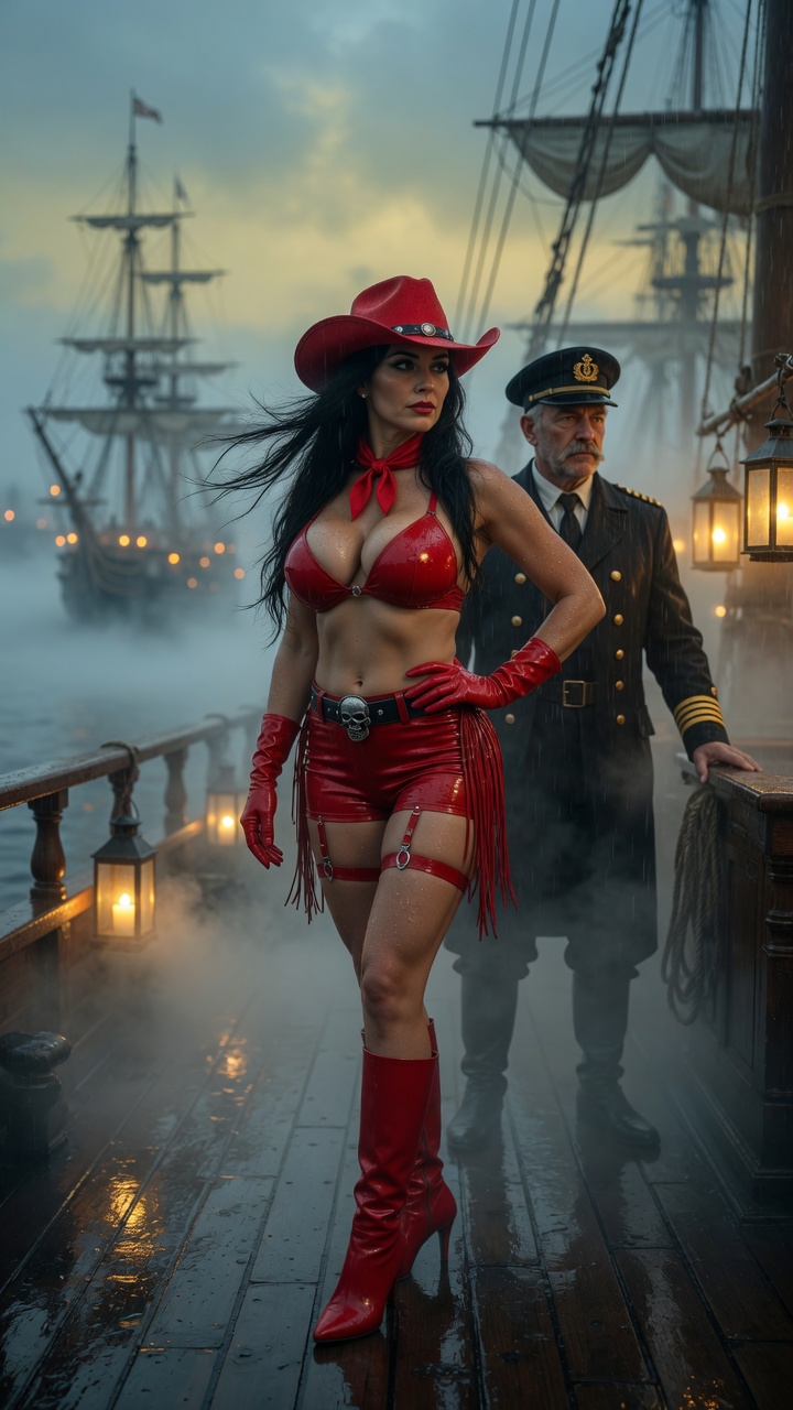 Red Latex Cowgirl on Foggy Ship Deck