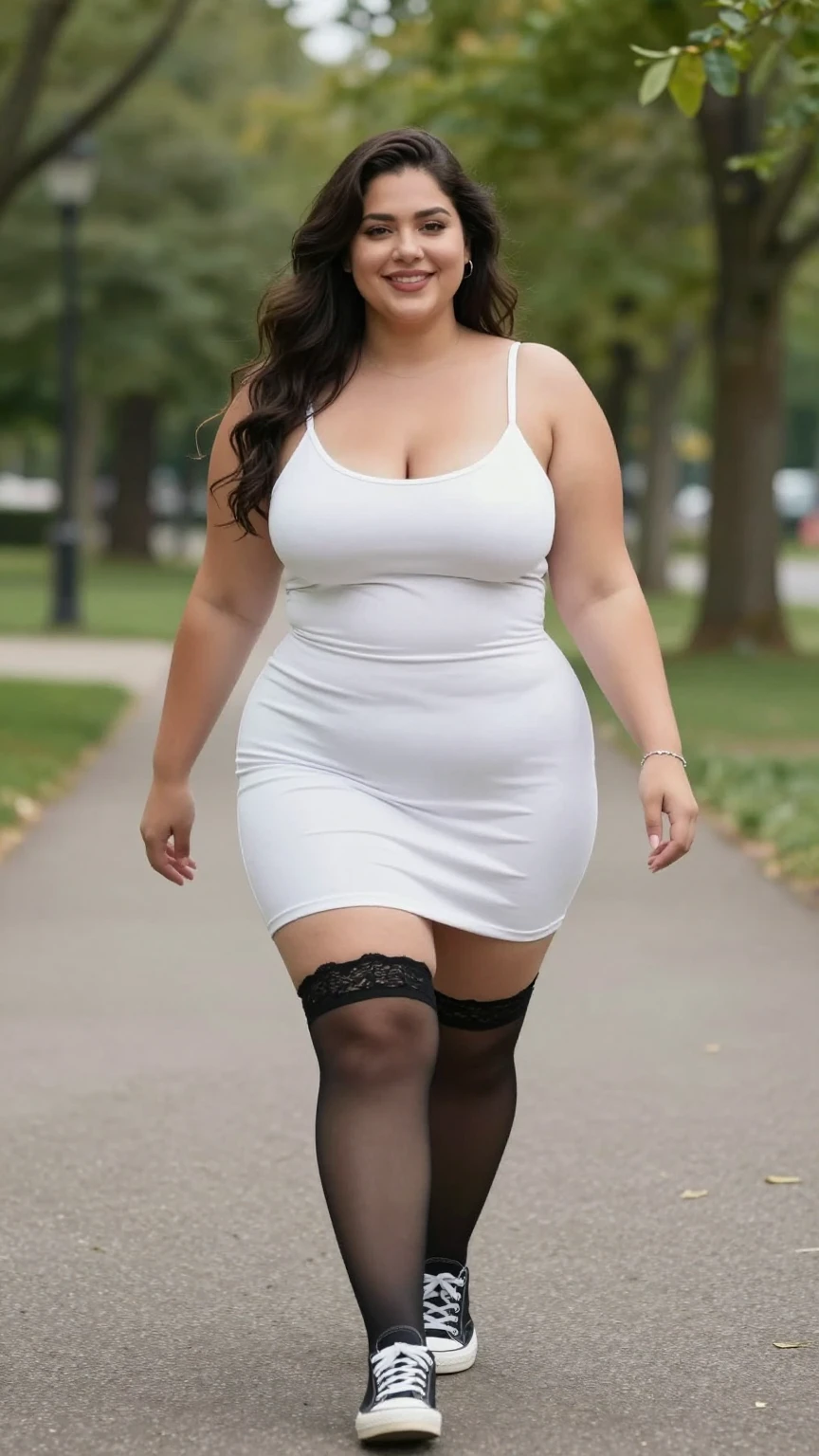 Curvy Brunette in Tight White Mini Dress