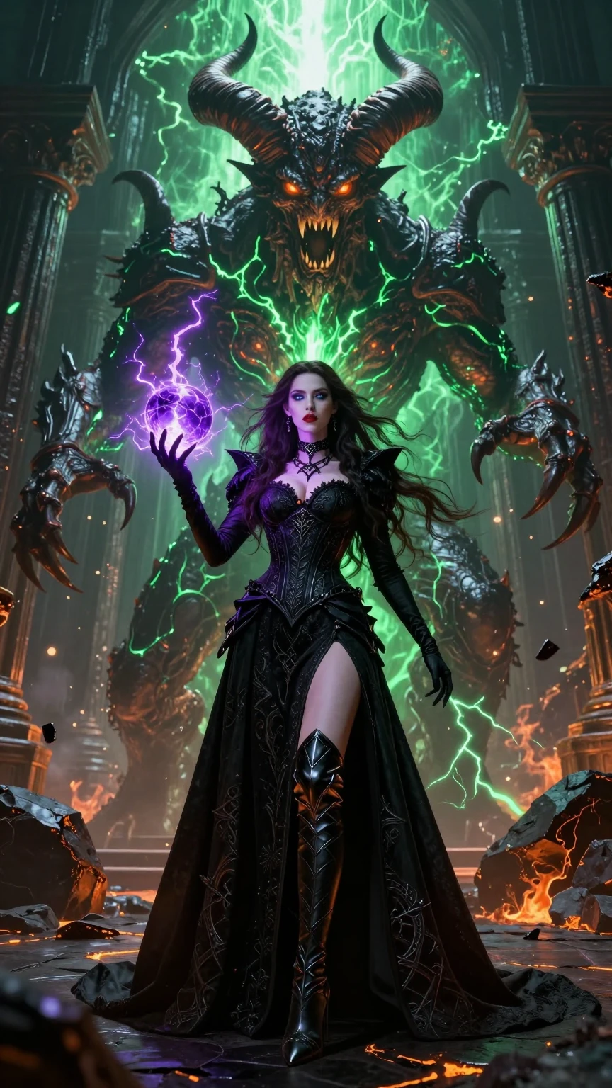 Sorceress Wielding Chaos Before Infernal Colossus