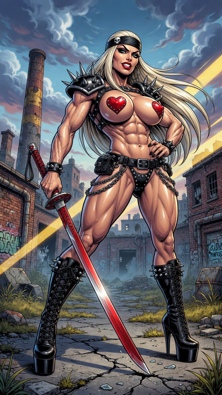 Muscular Blonde in Spiked Armor Holding Sword