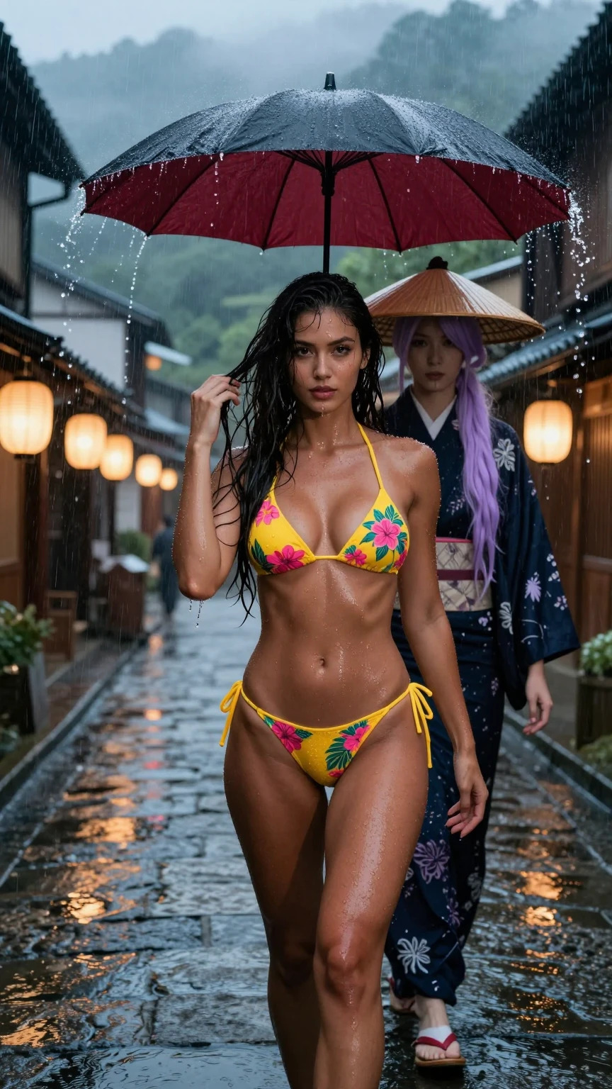 Bikini Beauty in Japanese Rain with Umbrella