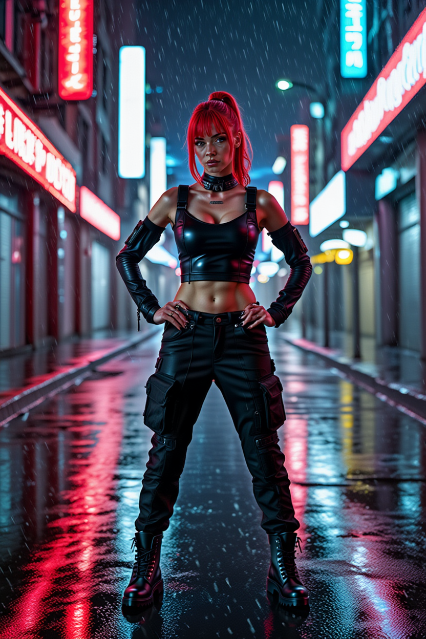 Neon Cyberpunk Street Warrior in Rain-Soaked City