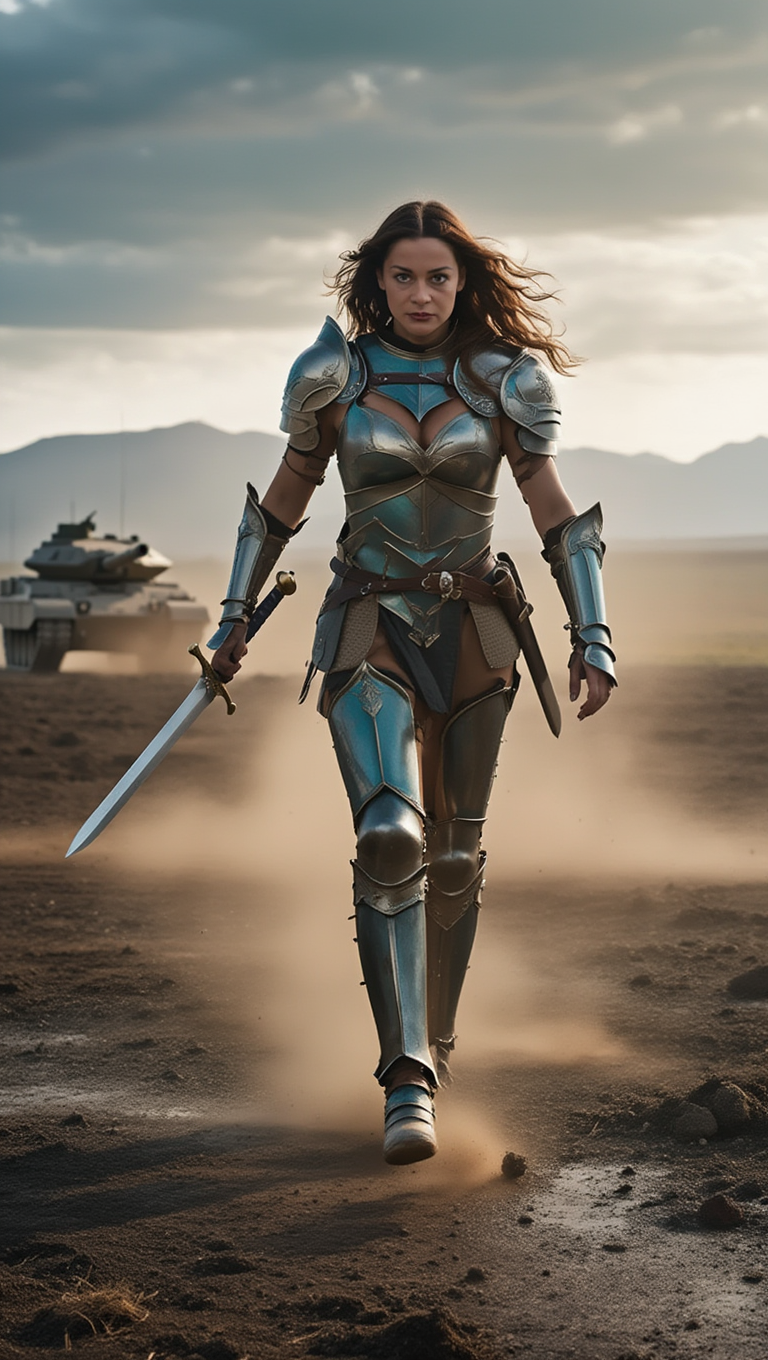 Steel Valkyrie Rising Across Desert Battlefield