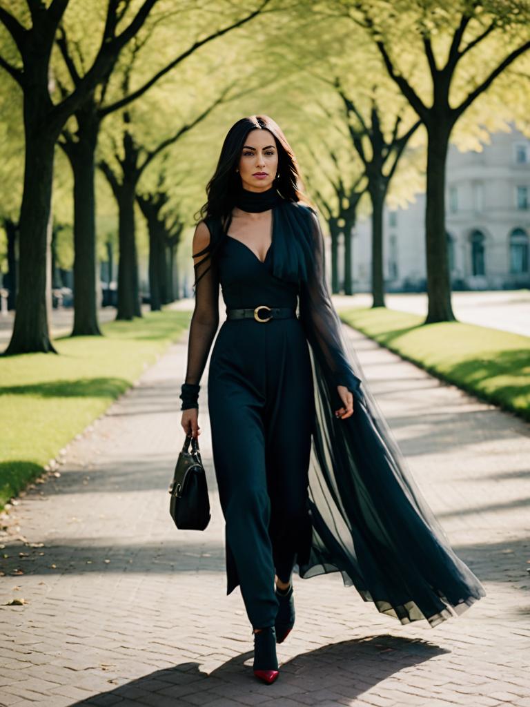 Elegant Brunette in Flowing Black Dress: Sunlit Park Stroll