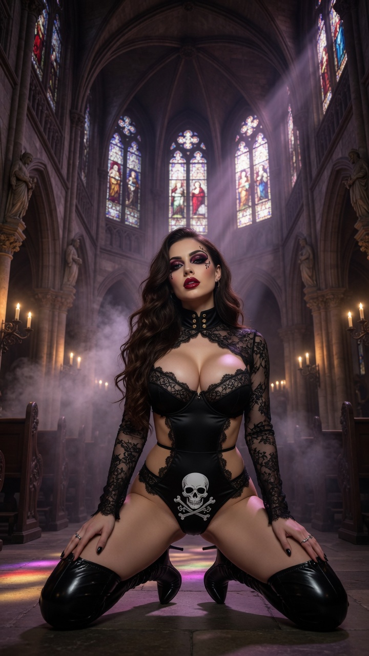 Brunette Gothic Beauty in Skull Bodysuit