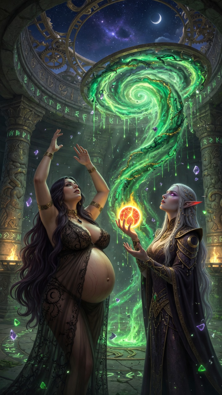 Dark Sorceress and Elf Mage Channeling Green Magic