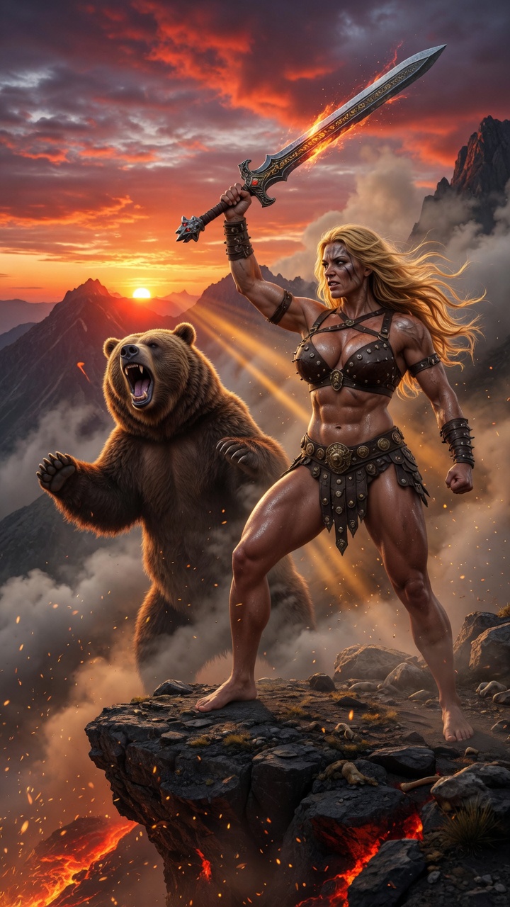 Blonde Barbarian Warrior Faces Roaring Bear at Sunset