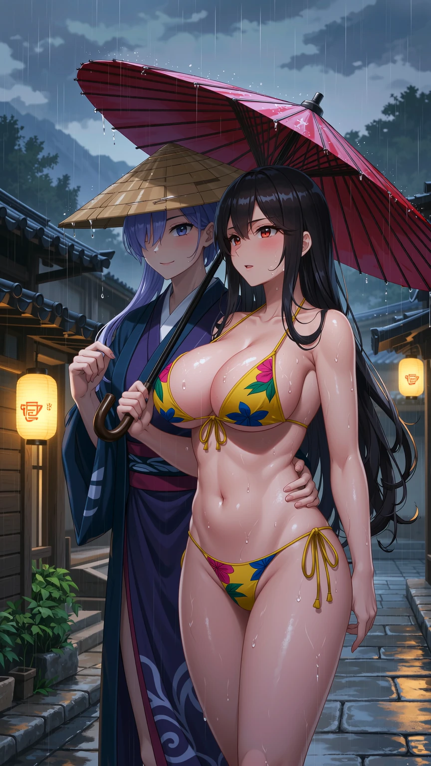 Bikini Beauty in Japanese Rain with Umbrella