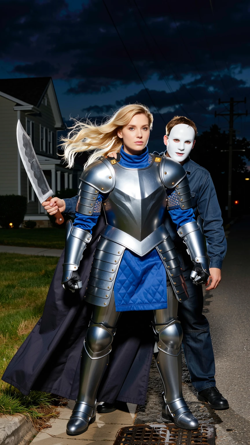 Blonde Knight Confronts Michael Myers in Suburbia