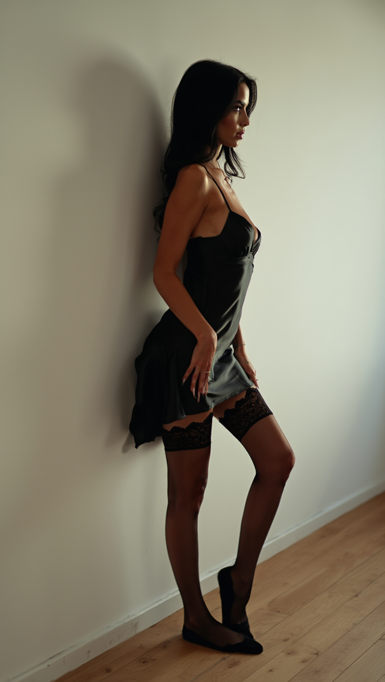 Midnight Seduction: Black Satin Dress in Urban Light