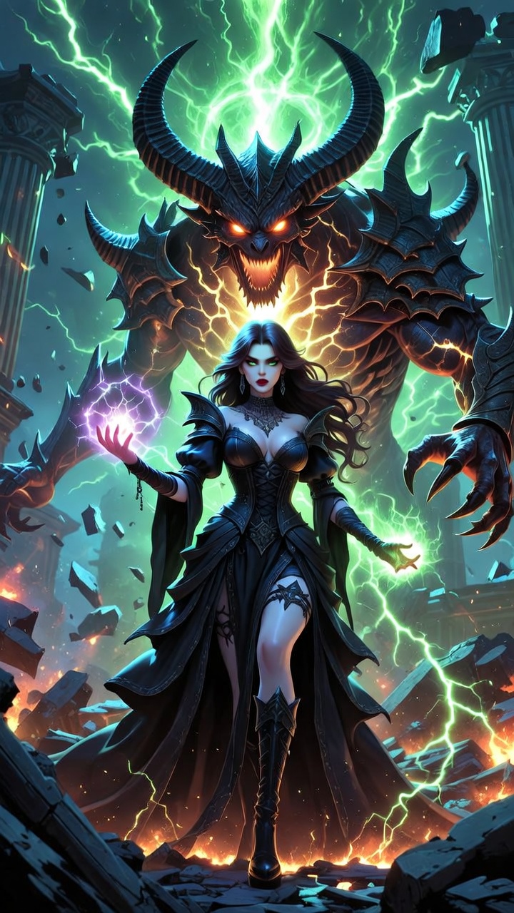 Sorceress Wielding Chaos Before Infernal Colossus