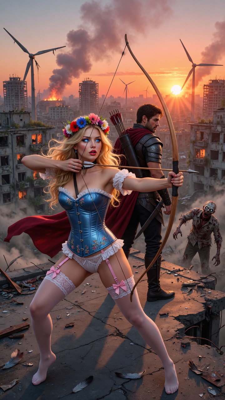 Post-Apocalyptic Blonde Archer on Rooftop Sunset