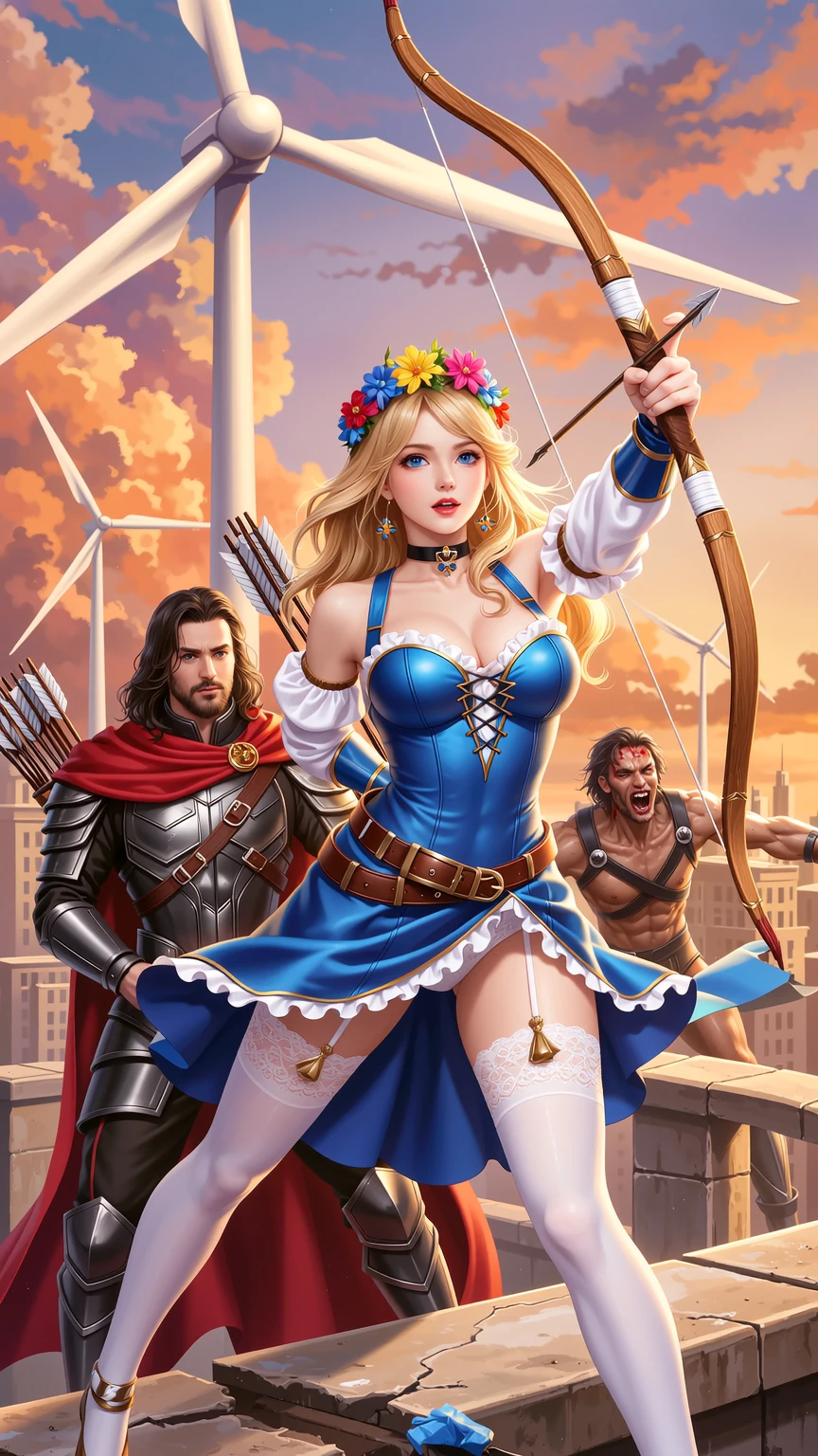 Post-Apocalyptic Blonde Archer on Rooftop Sunset