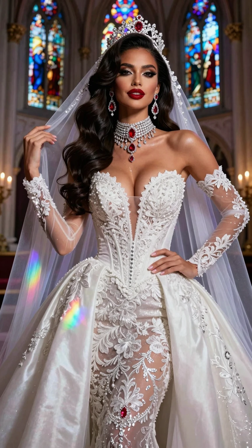 Royal Bride in Plunging Cathedral Wedding Gown