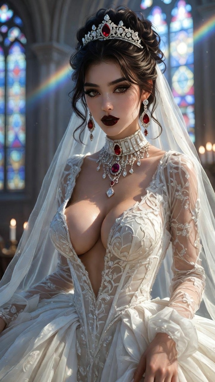 Royal Bride in Plunging Cathedral Wedding Gown