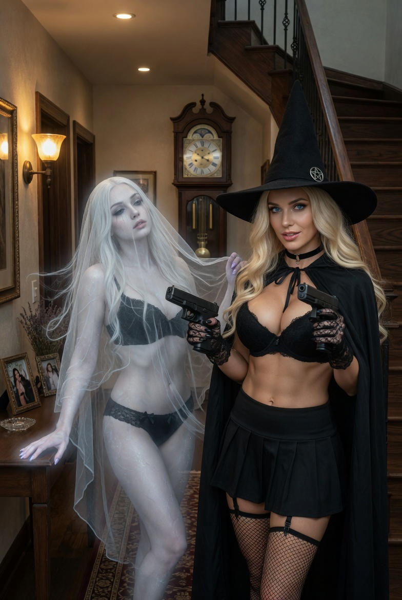 Blonde Witch with Guns and Ghostly Companion