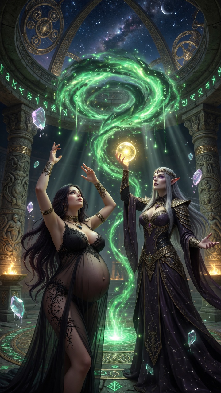Dark Sorceress and Elf Mage Channeling Green Magic