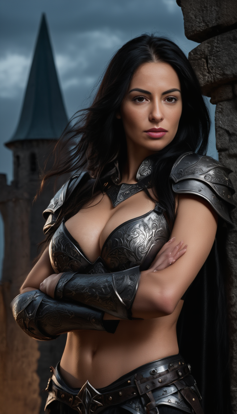 Armored Warrior Woman Standing Within Medieval Fortress