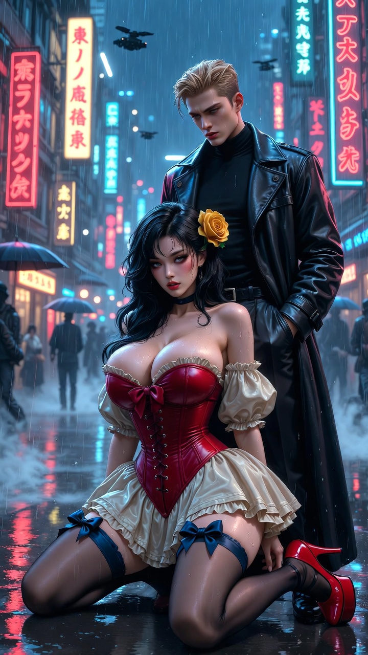 Neon Rain Seduction – Corset & Trenchcoat