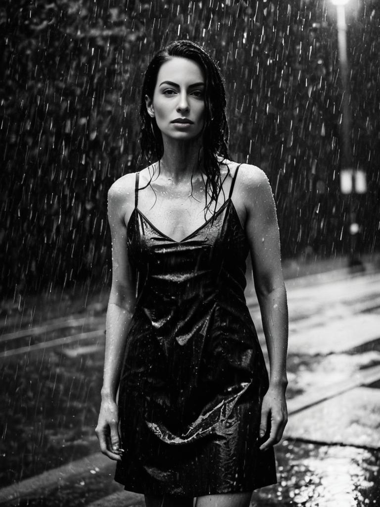 Brunette Drenched in Black Dress: Moody Rainy Night Portrait