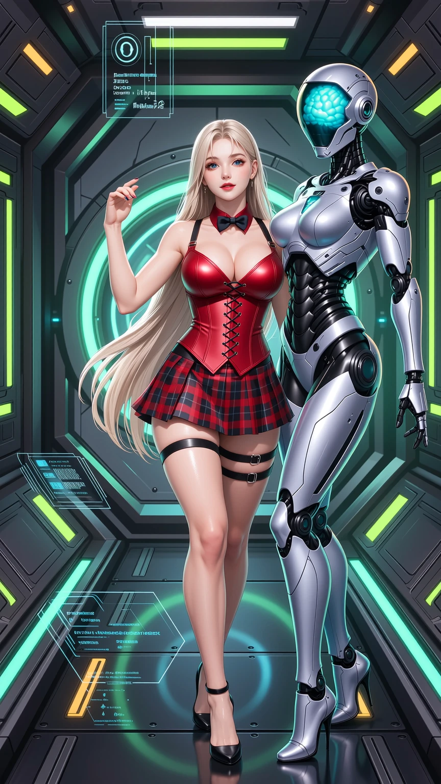 Blonde Corset Beauty with Android in Spaceship