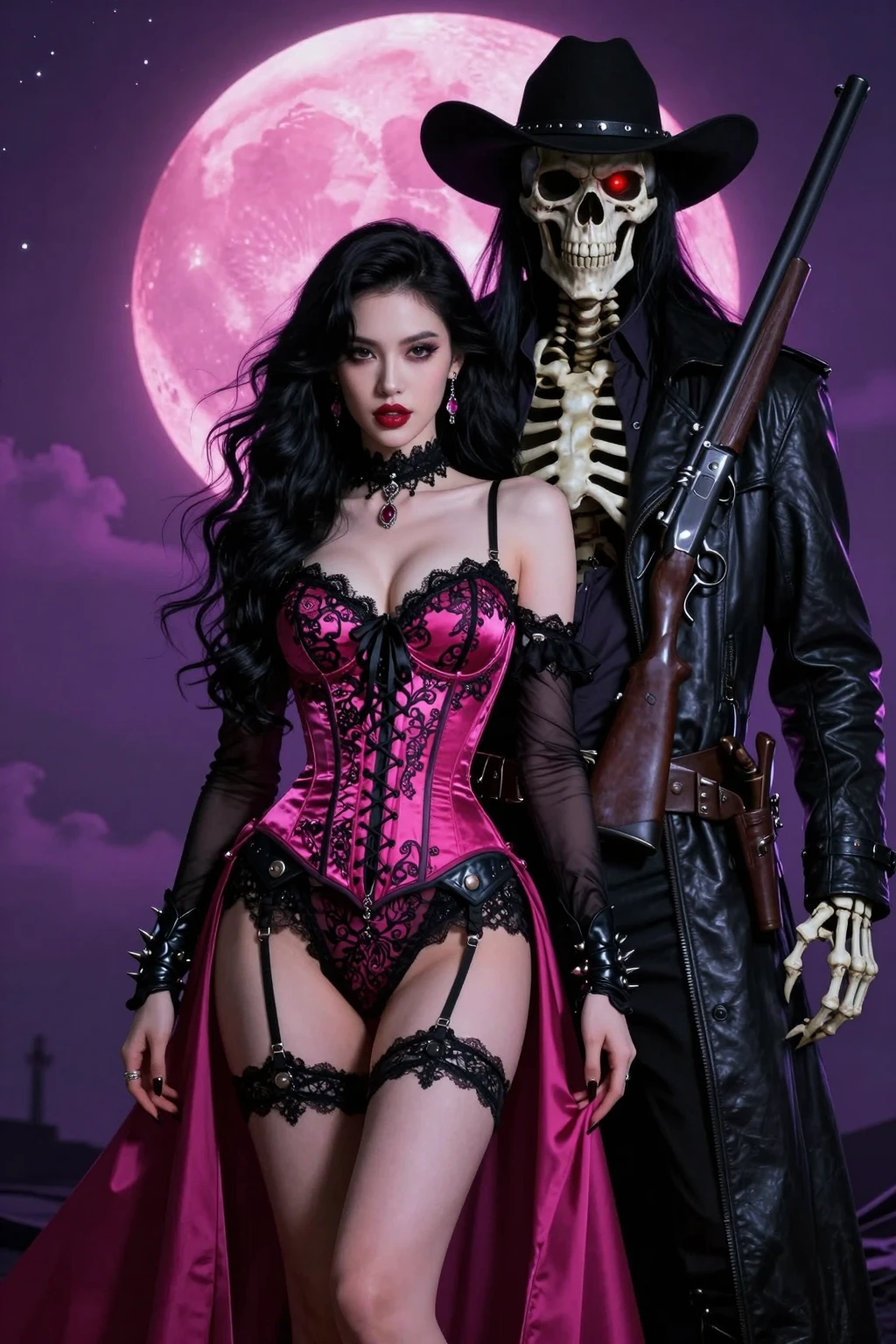 Gothic Vampire Queen and Undead Gunslinger Pink Moon Series