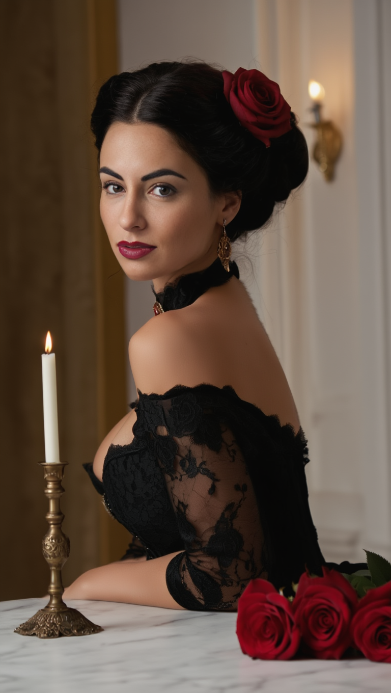 Black Rose Elegance: Victorian Muse in Candlelit Ballroom