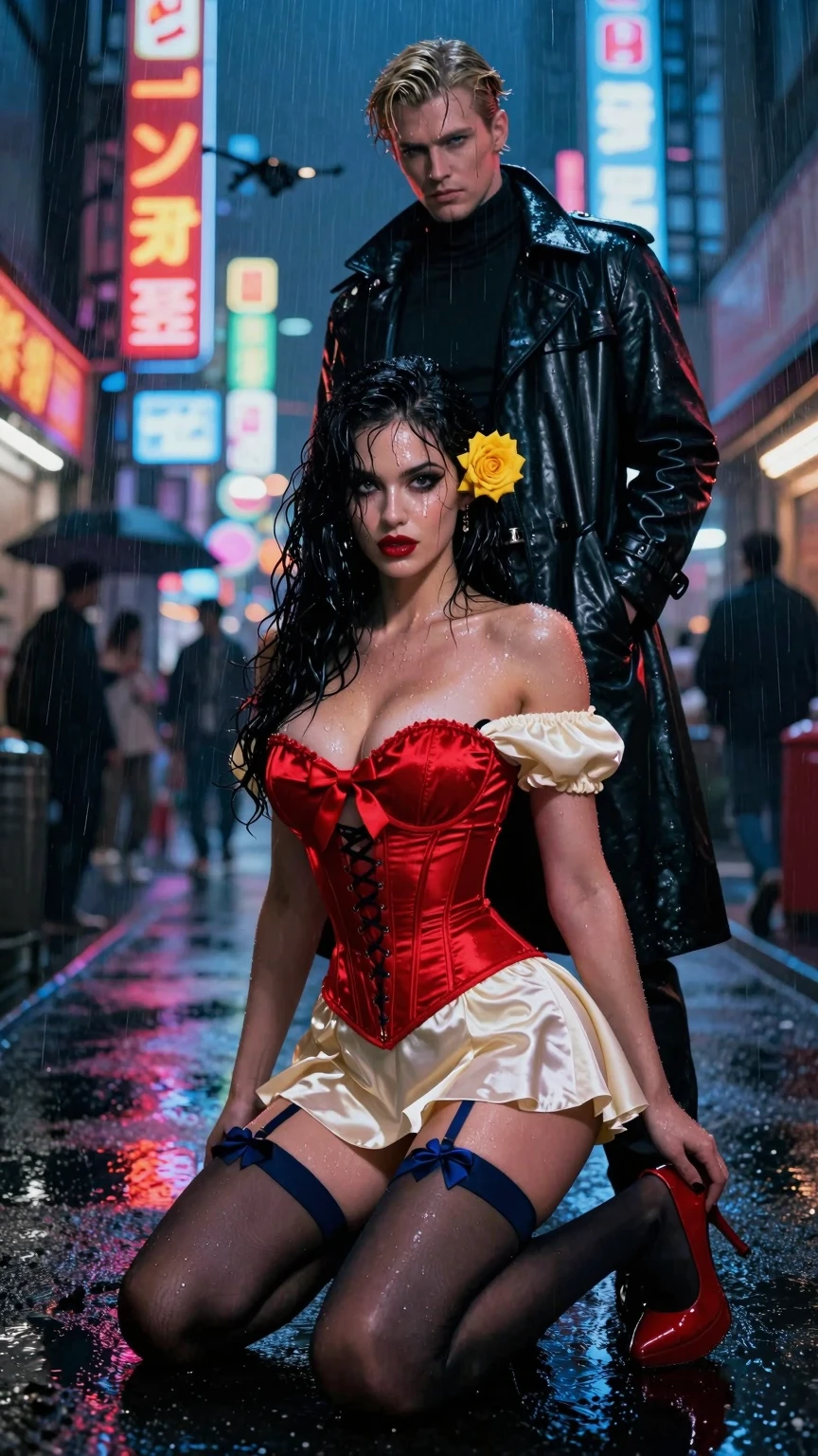 Neon Rain Seduction – Corset & Trenchcoat