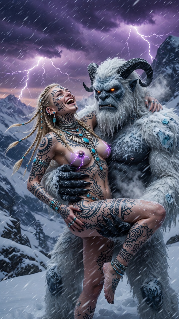 Tattooed Blonde Seduced by Horned Yeti in Blizzard