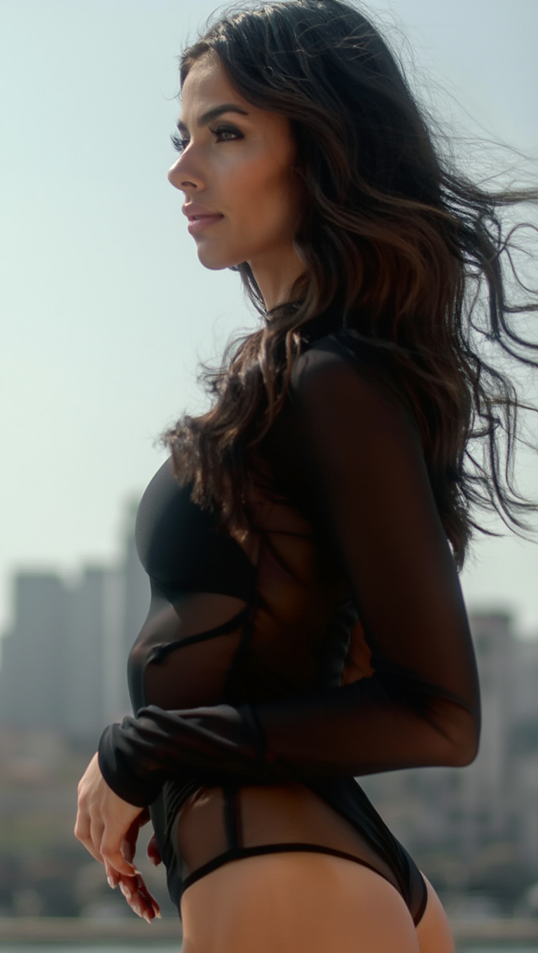 Urban Silhouette: Sheer Black Bodysuit in Daylight City
