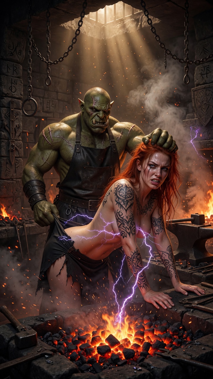 Orc Blacksmith Dominates Tattooed Redhead in Forge