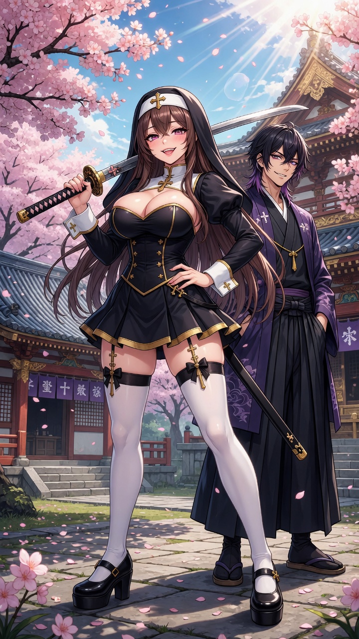 Seductive Nun and Samurai in Cherry Blossoms