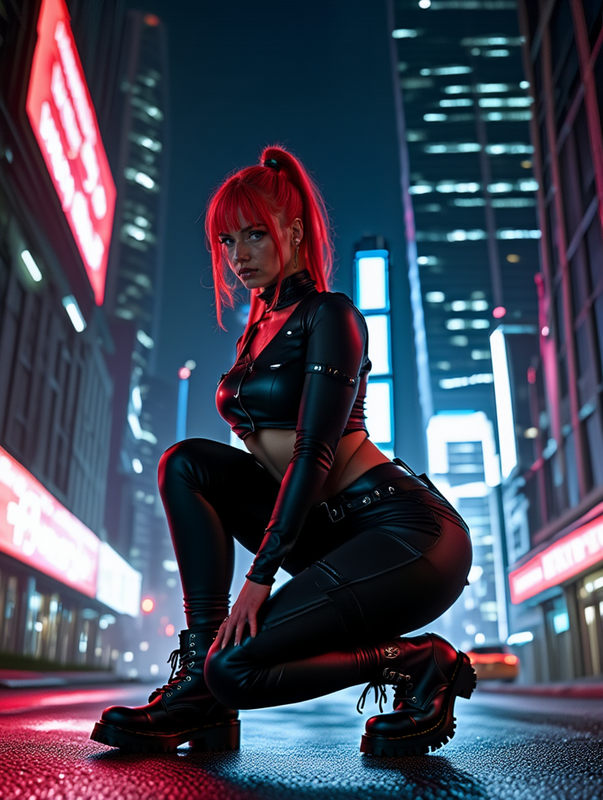 Neon Cyberpunk Street Warrior in Rain-Soaked City